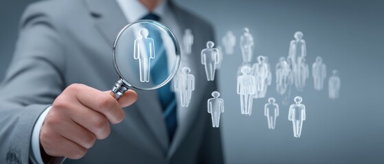 The magnifying glass examining digital representations of diverse business professionals.