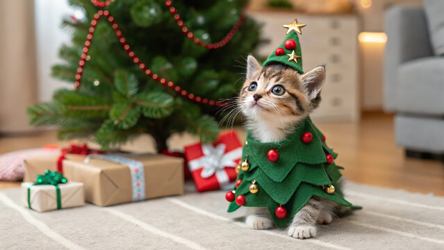 Cute Kitten in Christmas Tree Costume with Gifts