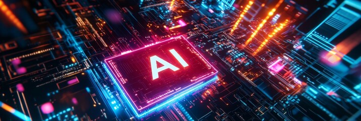 A glowing chip with the letters "AI" on it, surrounded by colorful light beams and tech symbols. The background is dark with futuristic elements like circuit boards 