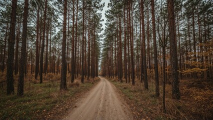 Walking route in a coniferous forest in autumn