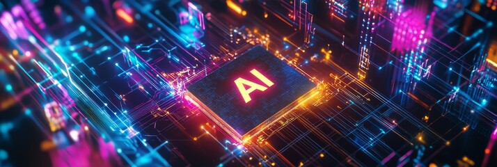 A glowing chip with the letters "AI" on it, surrounded by colorful light beams and tech symbols. The background is dark with futuristic elements like circuit boards 