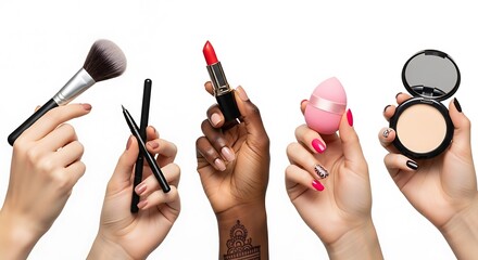 Diverse Hands Displaying Makeup Essentials in Vibrant Colors