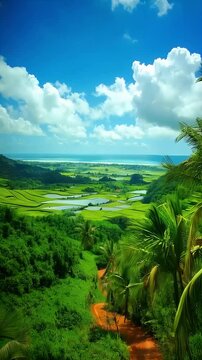 Tropical Valley with Palm Trees, Rice Fields and Ocean Horizon View