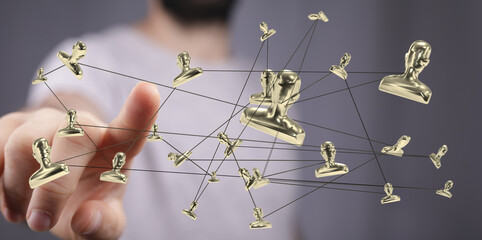 Golden figures linked by lines symbolize a global network. Ideal for business, technology, and...
