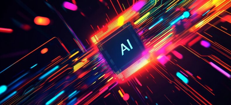 A vibrant and dynamic illustration of an AI chip with the text "AI" written on it, surrounded by colorful light trails that represent data flowing through its components against a black background - Powered by Adobe