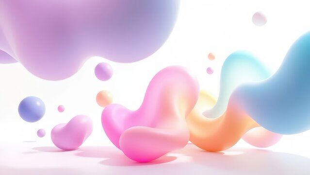 Abstract 3D render of colorful liquid blobs floating in a white space, vibrant gradient colors blending smoothly