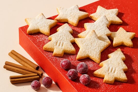 festive assorted star and tree shaped cookies dusted with powdered sugar on red surface with cinnamon sticks and cranberries in holiday setting