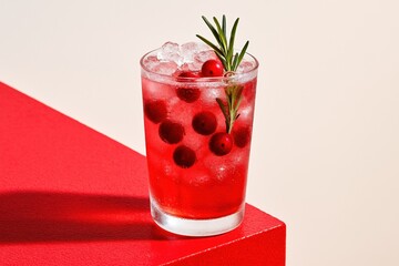 Refreshing iced cranberry cocktail with rosemary garnish on red surface, showcasing,high contrast and strong highlights, ideal for product photography. vibrant colors and a cool, thirst-quenching mood