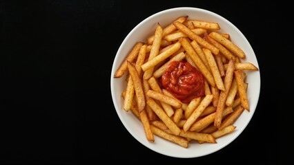Golden fries presented on a plate alongside a bowl of bright red sauce set on a black surface