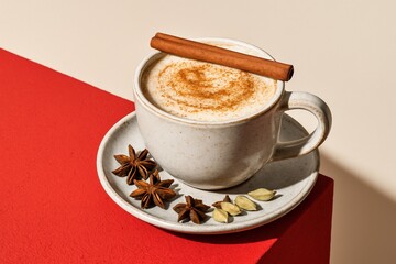 Aromatic chai latte with cinnamon stick and star anise on a red and beige background, capturing a cozy and warm atmosphere in minimalist style,high contrast and strong highlights