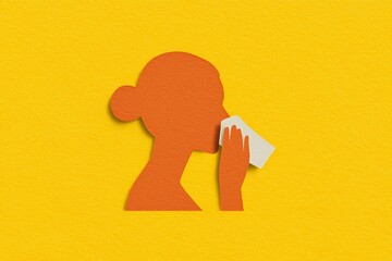 Orange silhouette of a woman with white handkerchief paper cutout style set against a vibrant yellow background, symbolizing the concept of allergy