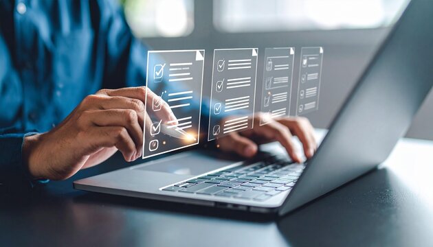 Businessman completes digital documents online with checklist on laptop for efficient workflow.