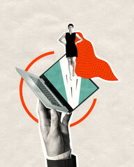 Creative illustration of a young woman in a red superhero cape flying out of a laptop.