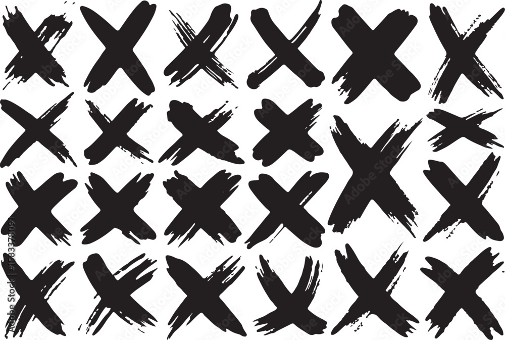 Poster collection of hand drawn black x marks with a rough textured brush stroke effect isolated on transpa