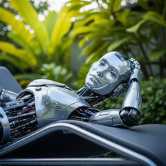 Extreme close-up of a futuristic robot relaxing on a chaise lounge, captured in stunning detail with bright, balanced lighting for sci-fi inspiration