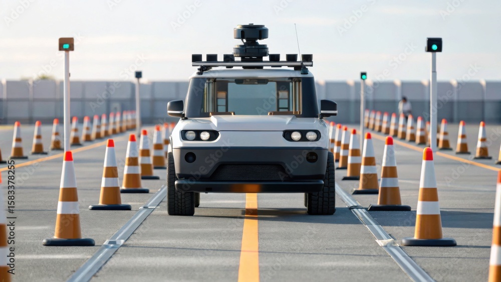 Poster a white autonomous vehicle navigates a test track lined with traffic cones and sensor-equipped posts