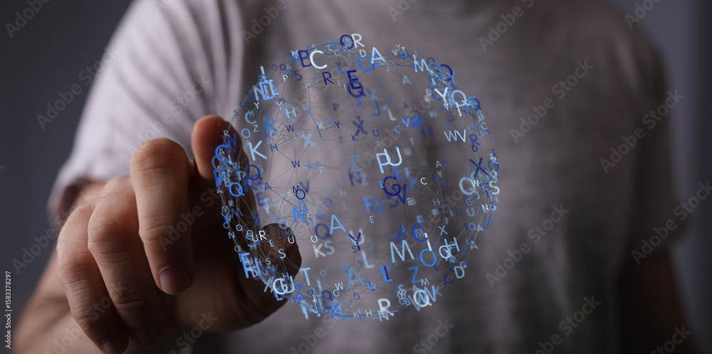 Poster abstract image of a hand interacting with a sphere of floating letters, representing communication, 