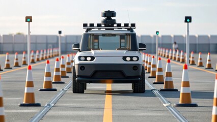 A white autonomous vehicle navigates a test track lined with traffic cones and sensor-equipped posts under a clear sky.