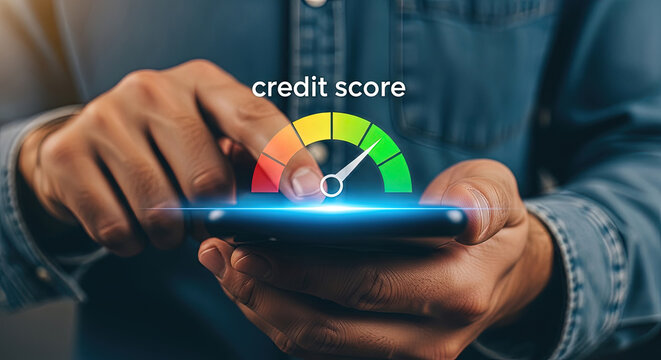 Checking Credit Score on Smartphone - Man Holds Phone with Credit Score Gauge, Financial Health, Loan Approval, Banking App, Business Finance Concept