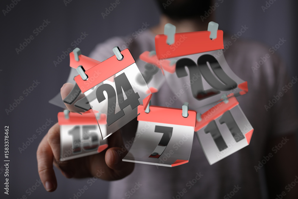 Poster image of a man interacting with digital calendar dates. perfect for scheduling, time management, or 