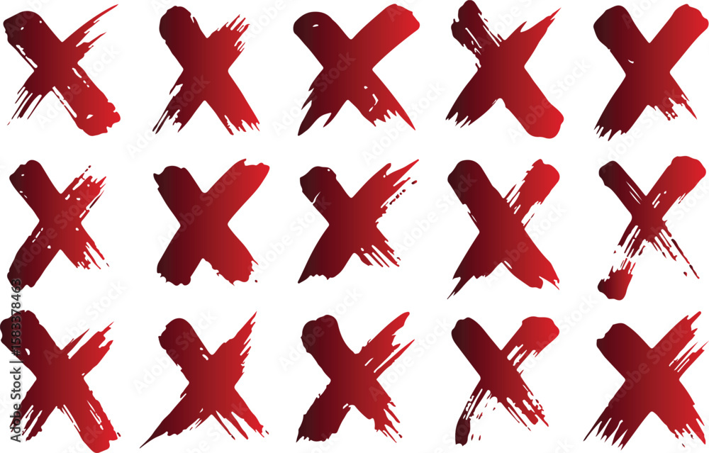 Poster collection of fifteen red brush stroke x marks isolated on transparent background for design element