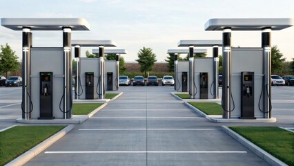 A modern electric vehicle charging station with multiple chargers lined up, set in a clean, organized parking lot with cars and trees in the background.