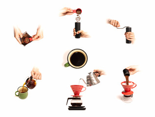 Poster manual instruction for brewing coffee an alternative method using a funnel. Step-by-step...