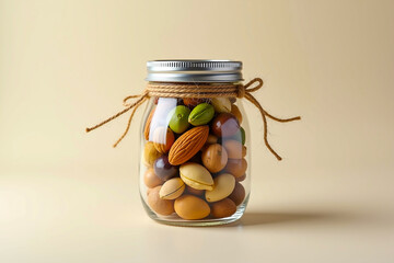 Glass Jar of Mixed Nuts with Twine Accent, Minimalist Snack Still Life on Neutral Background