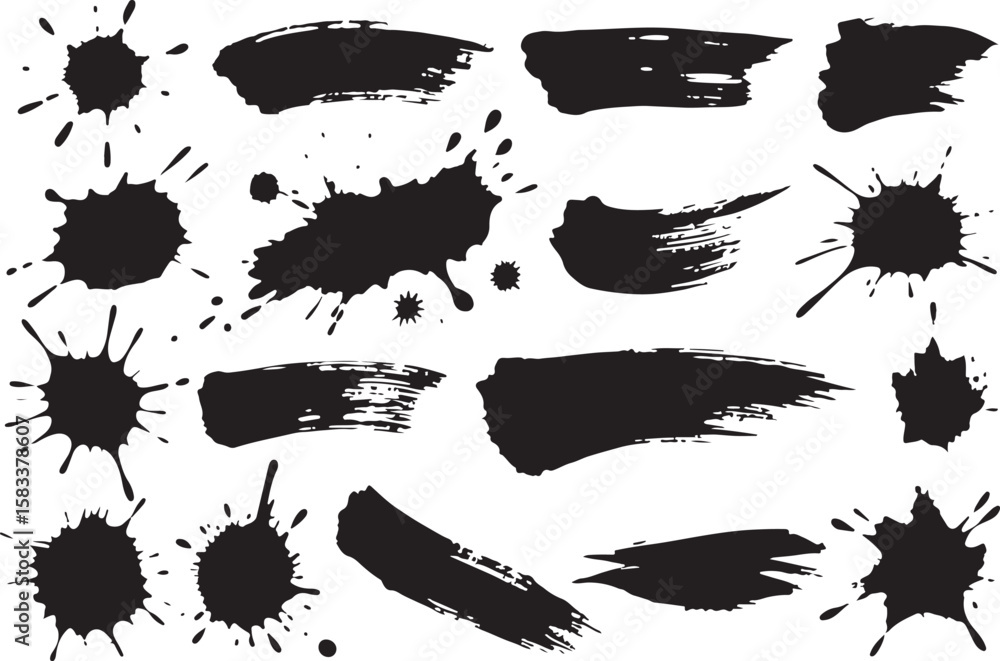 Poster collection of black ink splatters and brush strokes with rough edges isolated on transparent backgro