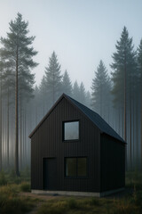 Obraz premium Modern black cabin standing quietly in foggy pine forest at dawn 