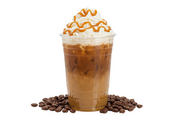 Isolated Iced Caramel Latte with Whipped Cream and Coffee Beans