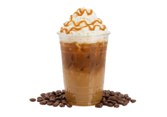 Isolated Iced Caramel Latte with Whipped Cream and Coffee Beans