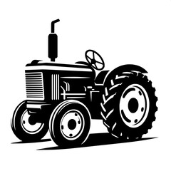 Black and White Vector Silhouette of a Tractor Side View