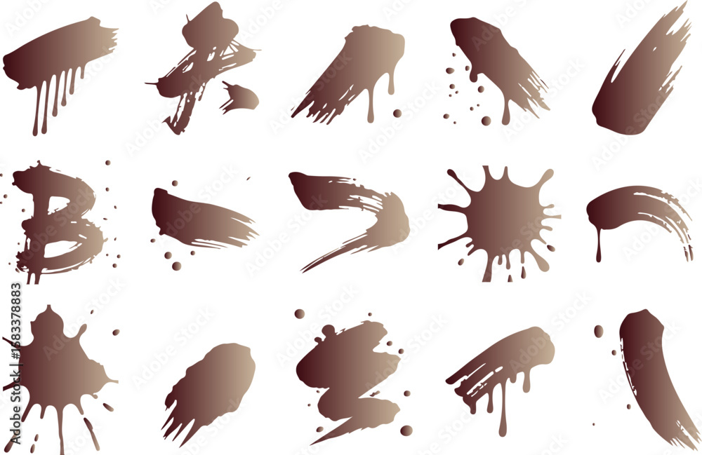 Poster collection of brown ink splashes and brush strokes with dripping effect isolated on transparent back