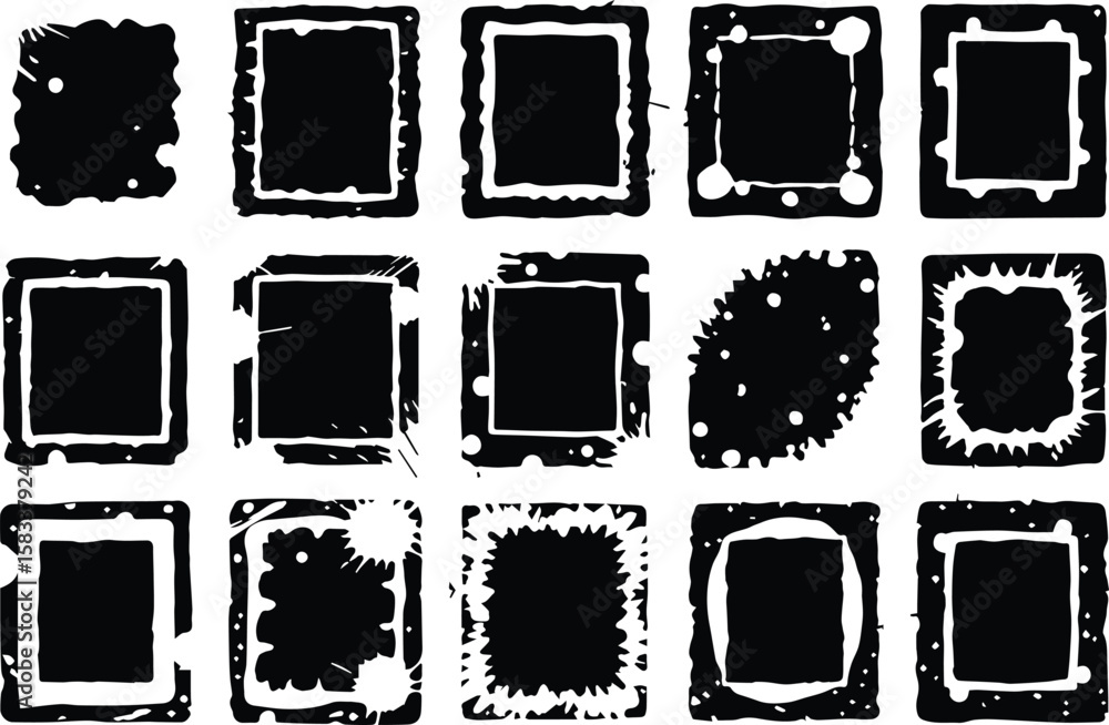 Aufkleber collection of twelve diverse black grunge frames with rough edges and splashes isolated on transpare