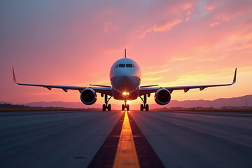 Airplane Illuminated on Runway at Sunset