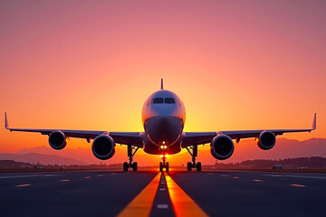 Sunset Airplane on Runway, Symmetrical Aviation Still Life Under Golden Sky