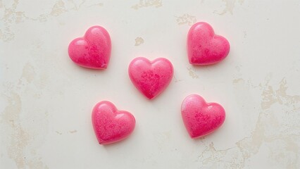 Fototapeta premium Quadruple pink candy hearts placed on a white textured background. Valentine's festive ornament.