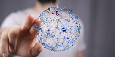 Abstract image of a network sphere with letters. Represents global communication and connection.