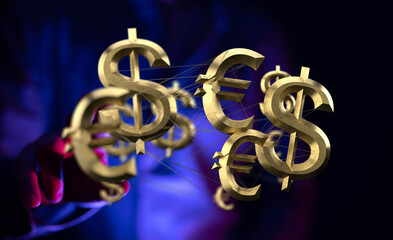 Image depicts interconnected dollar and euro symbols, representing international finance and global...
