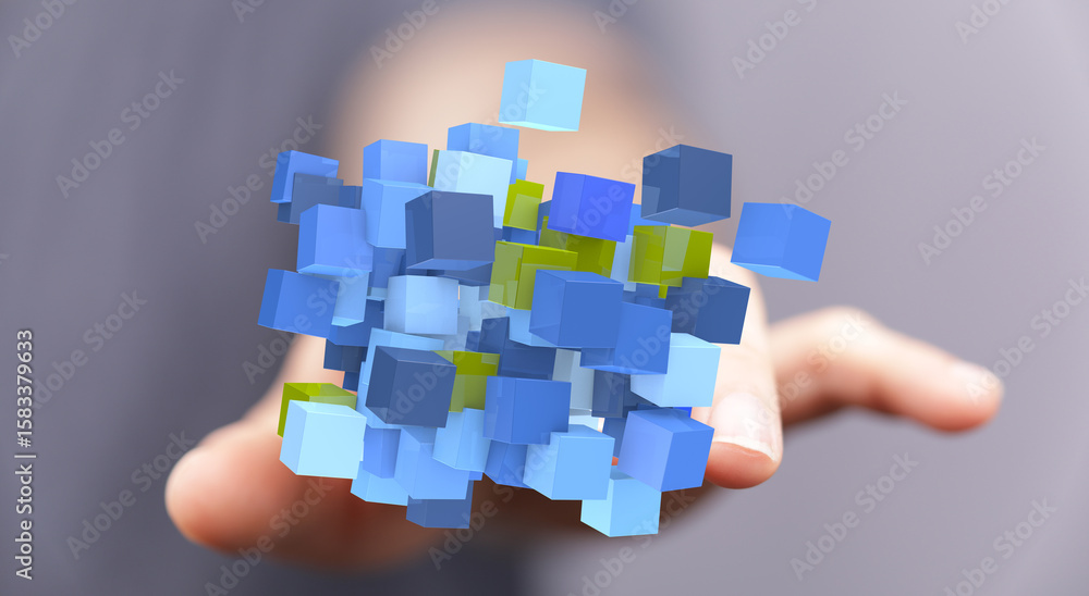 Poster abstract image of data cubes, technology, innovation, and digital transformation.