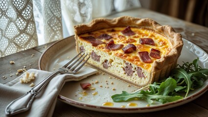 French Breakfast Bliss: Quiche Lorraine with Fresh Arugula
