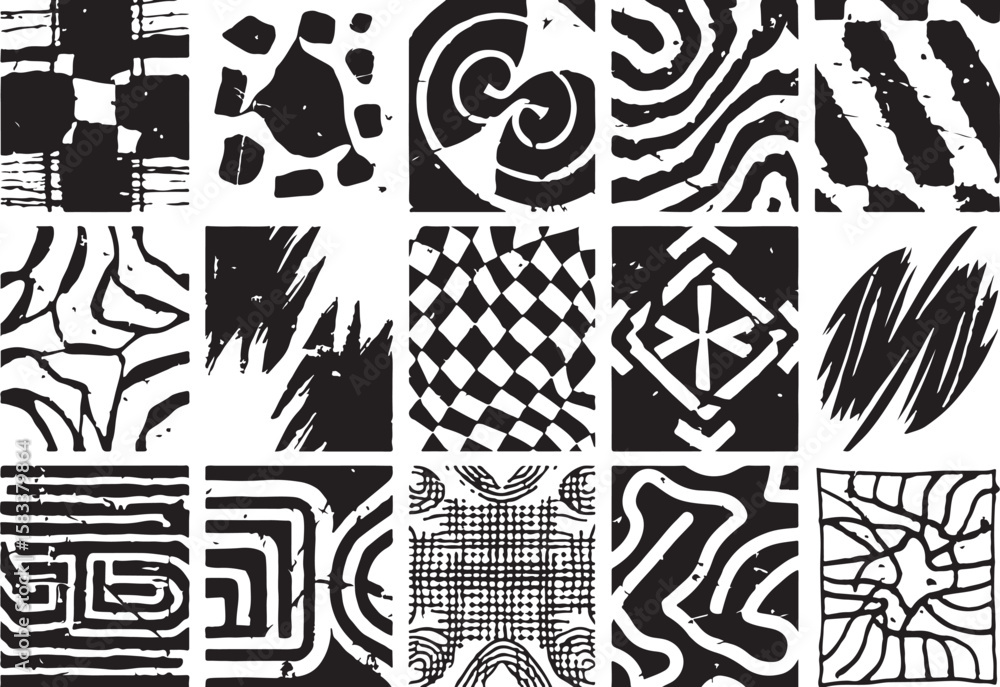 Poster collection of fifteen unique black and white abstract graphic patterns and textures isolated on tran