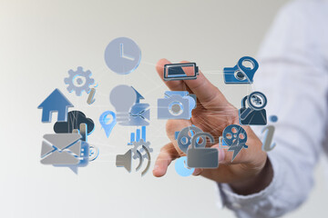 Hand interacting with digital icons,network, cloud, technology, data, connection, communication.