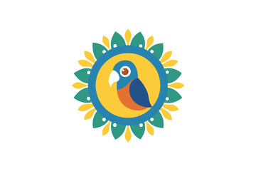 Parrot in center of radiant paisley circle vibrant avian vector art illustration
