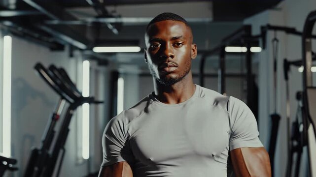 Athletic man with muscular build and fitted sportswear stands confidently in a modern gym. His focused expression and physique suggest he is a personal trainer or fitness influencer. Ideal for workout - Powered by Adobe