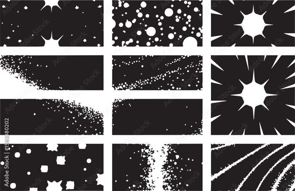 Poster collection of twelve abstract black and white graphic elements with various textures and shapes isol