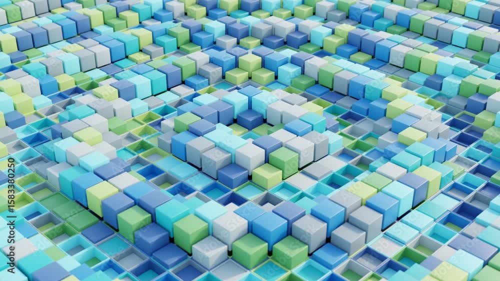 Poster futuristic 3d background animation with synchronized shapes in blue, green, and gray tones, designed