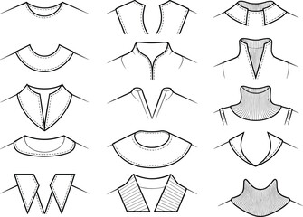Different Collar Styles Flat Sketch, Fashion Design CAD Illustration, Technical Drawing for Clothing Design, Apparel Template Vector for Designers