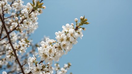 Obraz premium White almond flowers in bloom with a serene sky and blank area for text